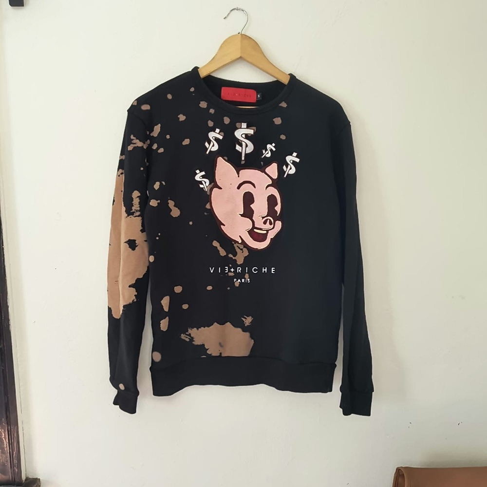 Vie Riche Paris Mens Embroidered Piggy Head Bleached Pullover Sweatshirt Small